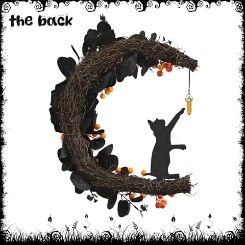Halloween Decorations Black Cat Half-Moon Wreath with Black Rose & Berry