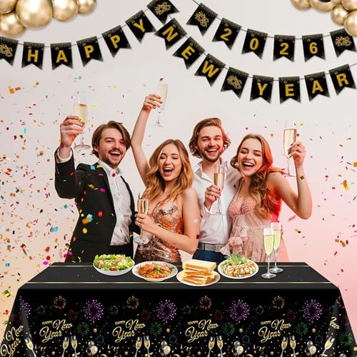 Childom 2 Pack Happy New Year Tablecloths,Happy New Years Decorations 2026,Disposable Rectangular Tablecloths Plastic 54"x108",Black and Gold Table Cloth for Home Dining Outdoor Holiday Party Supplies