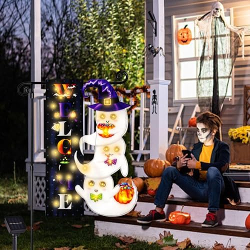 Halloween Lighted Garden Flag, Ghost Yard Decor, 28x40 In