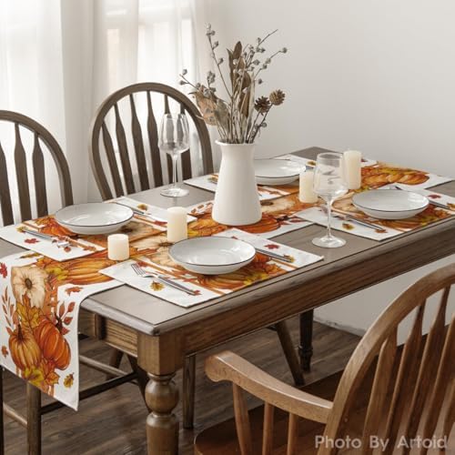 Artoid Mode Pumpkin Leaves Fall Placemats Set of 6, 12x18 Inch Seasonal Thanksgiving Holiday Table Mats for Party Kitchen Dining Decoration