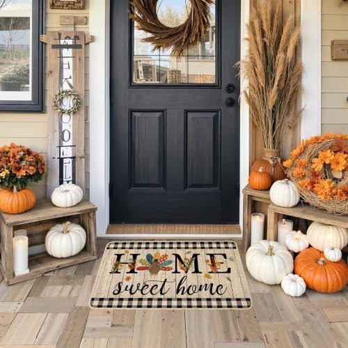 ORTIGIA Thanksgiving Turkey Doormat Home Sweet Home Indoor Outdoor Patio Fall Autumn Welcome Door Mats Non-Slip Durable Entrance Mat for Home Entrance Outside Entry Yard Floor Patio 17x29 INCH