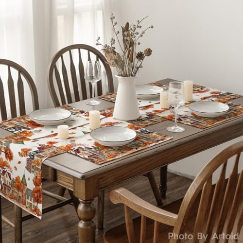 Artoid Mode Pumpkin House Tree Fall Placemats Set of 4-12 x 18 Inch