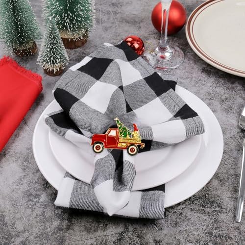 Christmas Car and Tree Napkin Rings Set of 6, Gnomes Xmas Truck and Tree Festive Holiday Red and Green Napkin Rings Holder for Christmas,Thanksgiving,Dinner Party Table Decoration