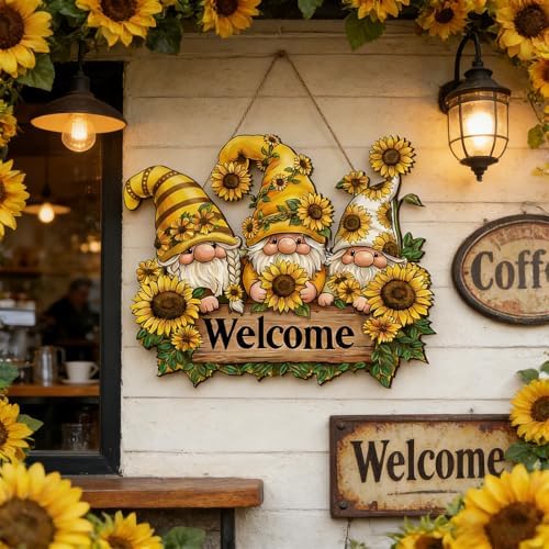 Summer Sunflower Gnome Welcome Door Sign 12'' Rustic Wooden Hanger, Sunflower Wreath Decor for Front Door Porch Wall Home Garden Kitchen