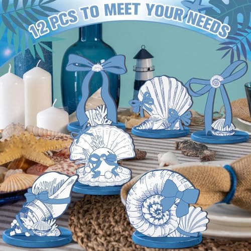 Wesiti 12 Pcs Blue Bow & Seashells Wooden Table Decor - Summer Party Decorations Ocean Coastal Centerpieces for Nautical Beach Birthday Party, Tiered Tray & Bachelorette Wedding Shower