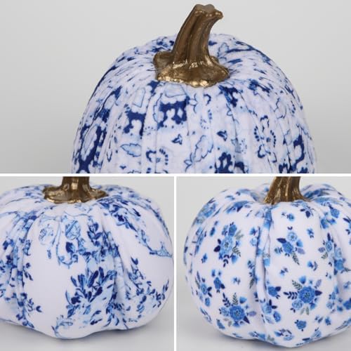 GnFlus Fake Pumpkin Decor 6 Pcs Faux Pumpkins Small Blue and White Velvet Pumpkins Mini Artificial Pumpkin Fall Decorations for Home Table Farmhouse Mantel Halloween Thanksgiving