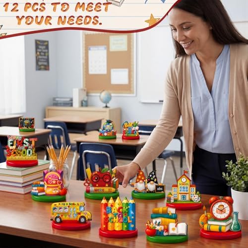 Wesiti 12 Pcs Back to School Table Decorations Wooden First Day of School Table Centerpiece Alarm Clocks Backpacks Tabletop Topper Decor for Classrooms Office Home Tiered Tray Decor Party Favor