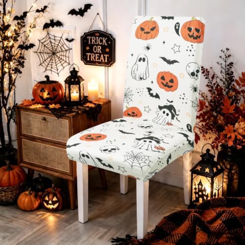 Halloween Chair Covers Set of 4,Pumpkin,Ghost and Skull Dining Chair Protectors,Elastic Removable Washable Dining Chair Covers,Suitable for Halloween Kitchen Dining Room chair Holiday decorations