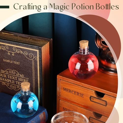 Jinei 9 Pcs 8 Oz Clear Plastic Potion Bottles Sphere Corked,Wooden,Topper