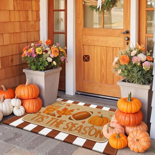 Tinideya 2 Pcs Fall Football Door Mat Outdoor Autumn Pumpkin Welcome Mat