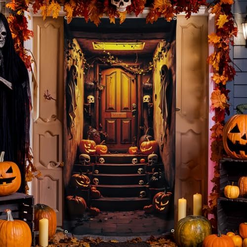 Halloween Decorations, Halloween Door Banner, Basement Stair Door Cover, Spooky Doorway Midnight Backdrop Banner Decorations, Large Fabric Background for Holiday Party 185 x 90 cm