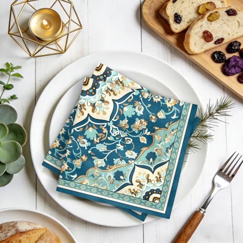 Teal Boho Floral Print Dinner Cloth Napkins Set of 4, 18 x 18 Inch Washable Reusable Fabric Napkins, Gifts for Bohemian Style Lovers, Wedding Bridal Shower Dinner Party Table Decor