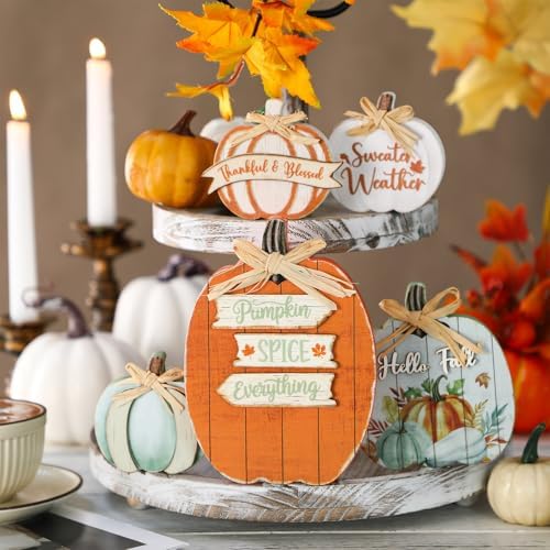 5 Pcs Fall Pumpkin Decor for Home Light Green Fall Wooden Table Centerpiece