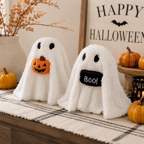Bunny Chorus Halloween Ghost Table Decorations, 2pcs Draped Plush Ghost Decor, Cute Cozy Halloween Decor Indoor for Desk Mantel Tiered Tray Shelf Fireplace Centerpieces Home Office Party Kids Gifts