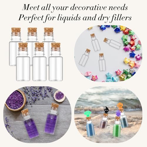 Bokon 36 Pack Mini Plastic Bottles with Corks Funnels Plastic Potion Bottles Tiny Clear Sand Art Jar Wishing Vial Witch Potion Jars for Decorations Birthday Party DIY Crafts Gift
