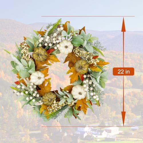 JINGHONG 22" Fall Wreaths for Front Door with Pumpkins Silk Lamb Ears