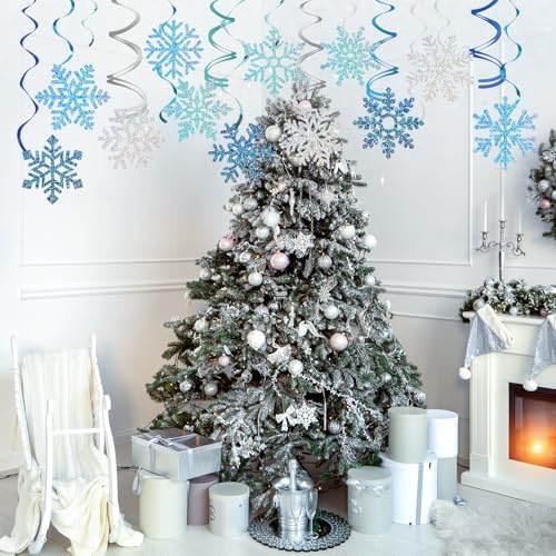 Winter Snowflake Hanging Decorations 30 Pcs Blue and Silver Christmas Ceiling Streamers Hanging Decorations Glittery Snowflakes Swirls for Wonderland Frozen Party and Christmas Decor