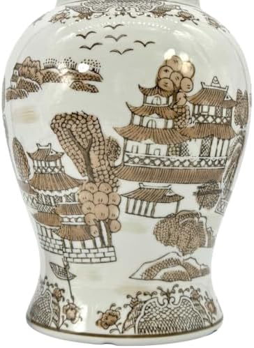 Galt International 14" Brown & White Landscape Ceramic Porcelain Ginger Jar Floral Home Décor Jar Urn Shape Vase