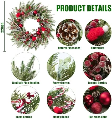 22’’ Artificial Christmas Wreath for Front Door with Red Balls Candy Canes Pine Needles Red Berries Pine Cones Christmas Decorations for Winter Wall Outdoor Home Holiday Xmas Decor
