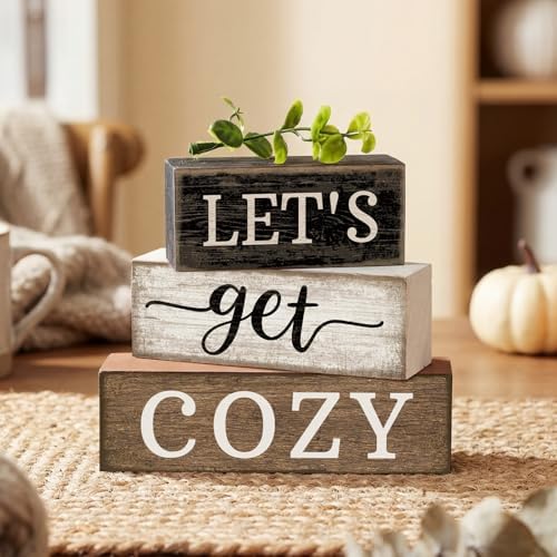 Moucuny 4 Pcs Farmhouse Table Decor Inspirational Wood Signs Let's Get Cozy