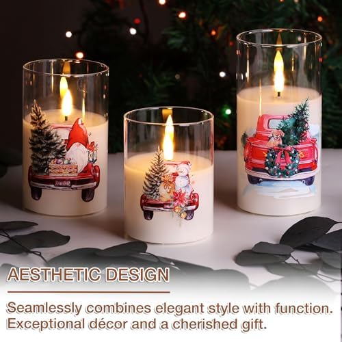 Eywamage Christmas Glass Flameless Candles with Remote, Flickering LED Pillar Candles Holiday Table Decor Gift Set of 3