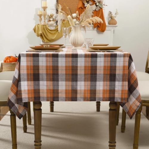 Romanstile Fall Checkered Tablecloth Rectangle, 60 x 84 Inch, Brown