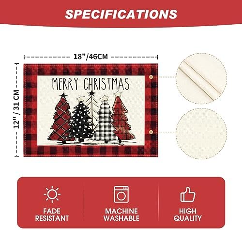 Artoid Mode Red and Black Buffalo Plaid Christmas Trees Placemats Set of 6, 12x18 Inch Winter Table Mats for Outdoor Home Party Kitchen Dining Decor