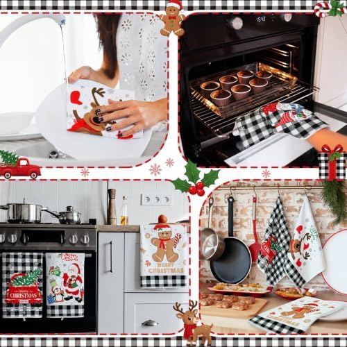 Bencailor 6 Pcs Christmas Kitchen Towel, Black Plaid, Cartoon Christmas