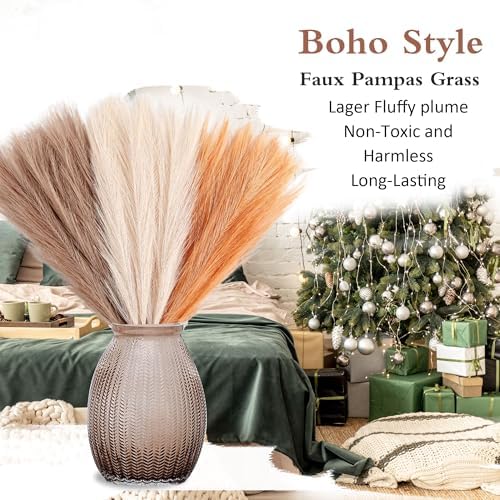30PCS Faux Pampas Grass Brown Off White Orange17 for Vase Filler