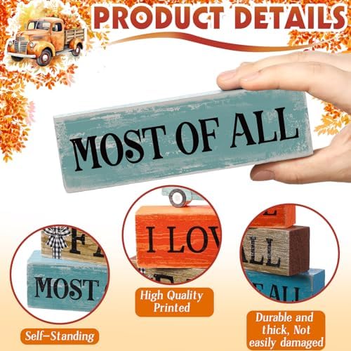 Moucuny 4 Pcs Fall Truck Table Decor, I Love Fall Wood Block Sign Home Tray