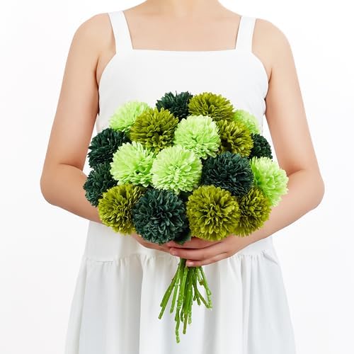 SITUMEIZI 12 Pcs Green Flowers Artificial Chrysanthemums, Fake Mums