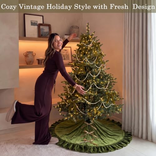 Velvet Christmas Tree Skirt, 36 Inches, Bow Style, Olive Green