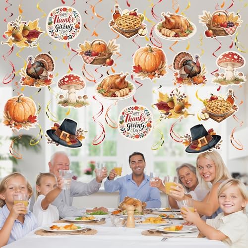 Thanksgiving Hanging Swirls, 48Pcs Thanksgiving Ceiling Hanging Decorations Turkey Pumpkin Swirls Streamers for Indoor Outdoor Party Supplies