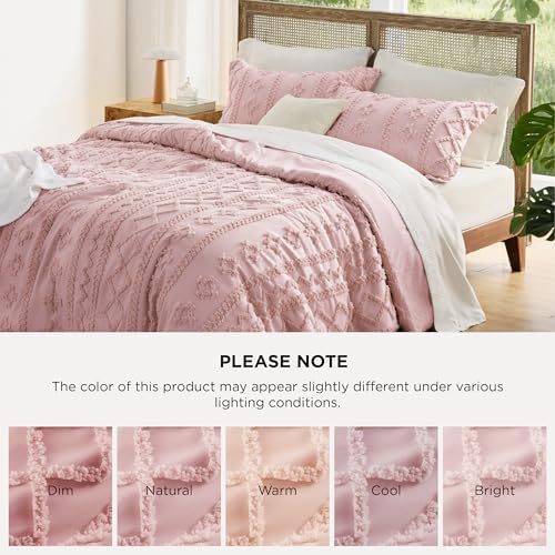 Bedsure Tufted Boho Comforter Set Queen Size - Pink Boho Bed Set, GentleSoft™ 3 Pieces Farmhouse-Style Embroidery