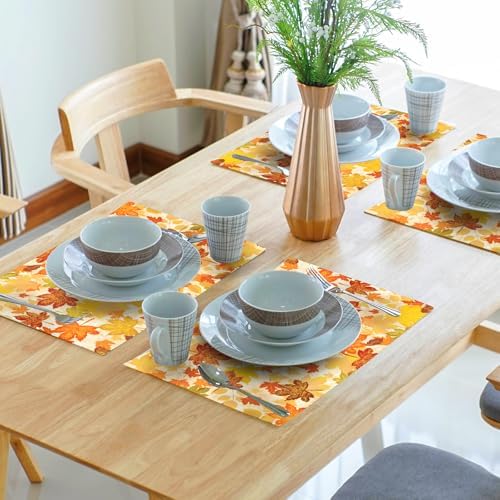 Fall Placemats Set of 4 18x12 Inch Autumn Maple Leaves Linen Place Mats Heat-Resistant Washable Wipeable Orange Season Holiday Table Mat for Party Kitchen Dining Room Dinner Table Decor