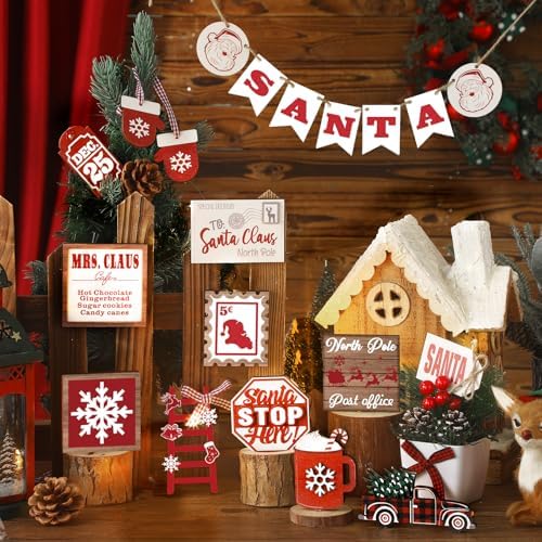 Funnymoom 17 Pcs Christmas Tiered Tray Decor Set Rustic Santa Tray Decor