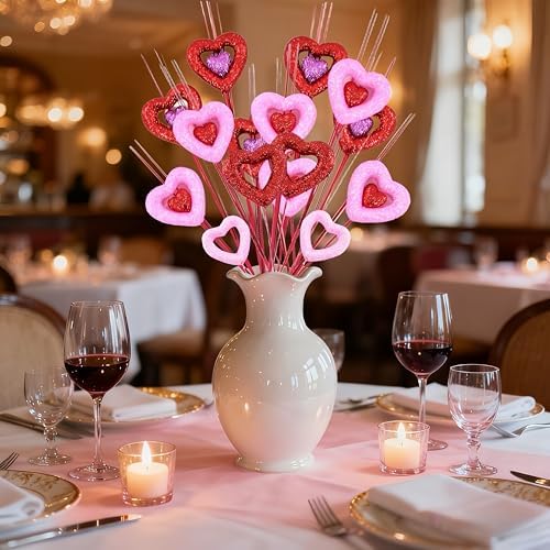 6PCS Valentine Day Decorative Floral Picks, Glitter Heart-Shaped Decorative Picks for Vases, Glittering Red and Pink Romantic Vase Fillers for Weddings, Anniversaries, Home & Table Decor