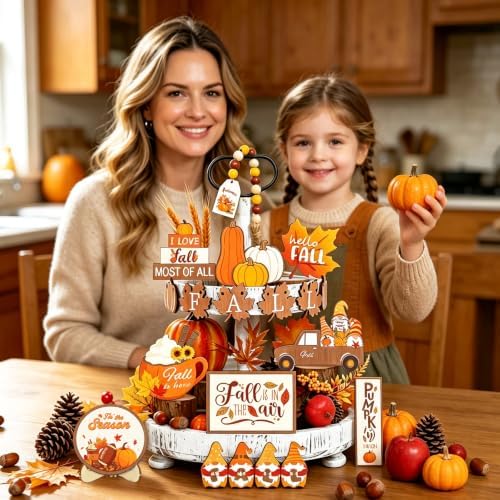 19pcs Fall Tiered Tray Decor- Fall Decorations Indoor Wooden Fall Decor Set with Wood Bead Pumpkin Gnome Truck Tabletop Centerpieces for Autumn Harvest Home Kitchen Table