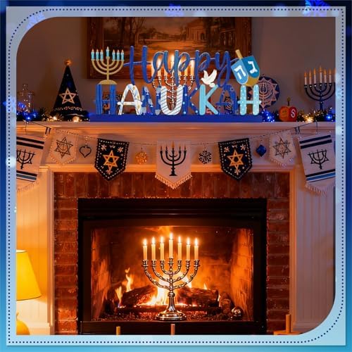 Cinnvoice Happy Hanukkah Table Decoration Farmhouse Chanukah Table Sign Centerpiece Signs Metal Letter Star of David Hanukkah Tiered Tray Decorations for Holiday Kitchen Home Party Supplies