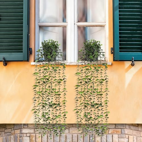 Waipfaru 2Pcs Fake Hanging Plants with Pot, Potted Faux Eucalyptus