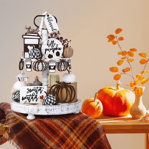 FairySandy 19 Pcs Fall Tiered Tray Decor Set, Hello Pumpkin
