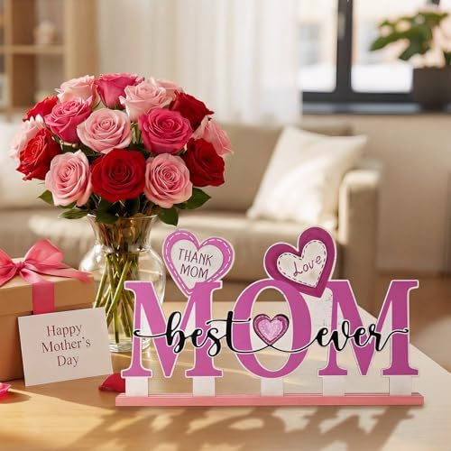 Smile Happy Mother's day Indoor Decorations Wooden Decor Table Centerpiece Thank You Mom Wooden Plaque Ornaments for Home Kitchen