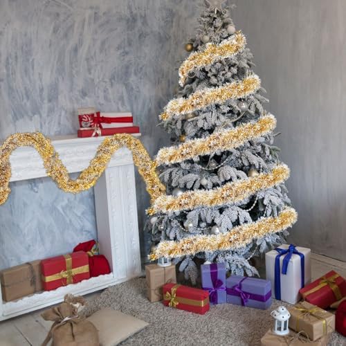 Shappy 90 ft 6 Rolls Christmas Tinsel Garland for Tree, Gold Frosted Tip