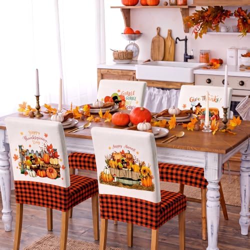 Mindsoft 6 Pcs Fall Thanksgiving Chair Covers, Buffalo Plaid Pumpkin Turkey