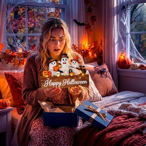 Patelai Halloween Table Decoration with LED Lights Wood Pumpkin Ghost Signs