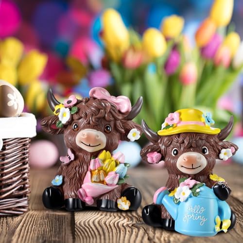 Karenhi 2 Pcs Highland Cow Figurines, Spring Floral Table Decor