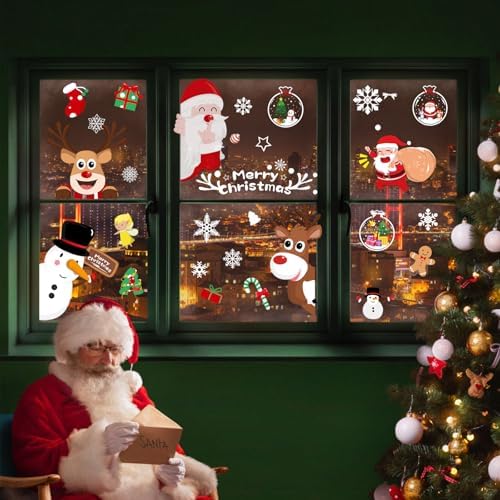 NEWMIAO Christmas Window Cling Stickers for Holiday Decorations, 9 Sheets Christmas Window Clings Snowflake Santa Claus Reindeer Snowman Xmas Decals for Glass Home Decor Party Supplies