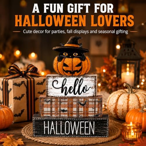4Pcs Halloween Tabletop Decorations Wooden Cat Pumpkin Signs Gift