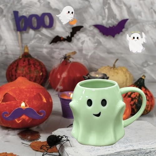HS&ROXIN Halloween Ghost Mug 3D Cute Ghostface Novelty Coffee Mug Spooky Ceramic Ghost Cup Halloween Christmas Birthdays Party Gifts and Decorations for Kids Adult (Green)