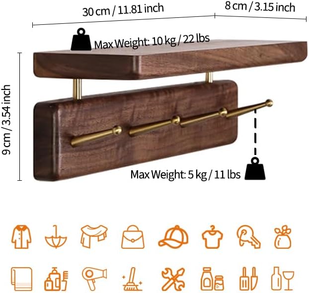 Solid Wood Shelf with Hooks, 12 inch Coat Rack Wall Mount, Shelves with 4 Brass Hooks for Hanging in Entryway, Living